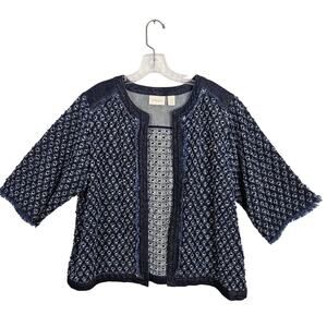 CHICOs Womens Sz 2 Perforated Denim Jacket Textured Fringe 3/4 sleeve Cardigan